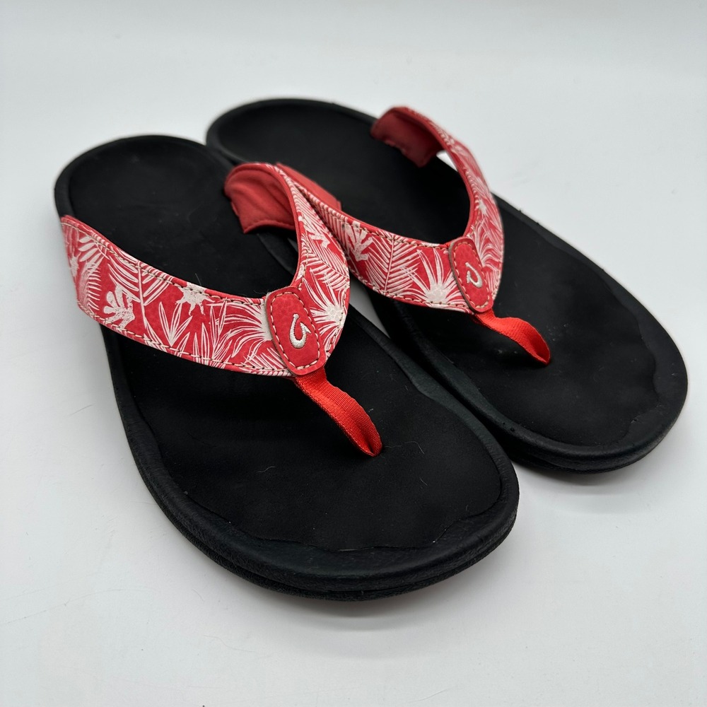 Olukai Ohana W Coral Red Tropical Palm Leaf Sun Print Flip Flop Sandals Womens 8